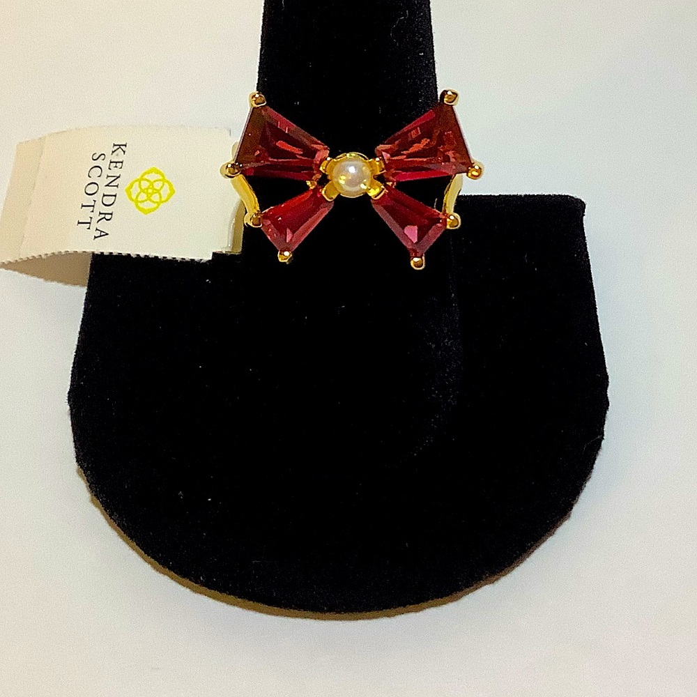Kendra Scott Blair Gold Bow Cocktail Ring Red Mix 8 New - Picture 2 of 4